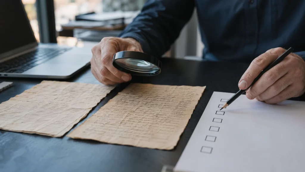 Pessoa confere manualmente as diferenças apontadas pela IA nos documentos originais.