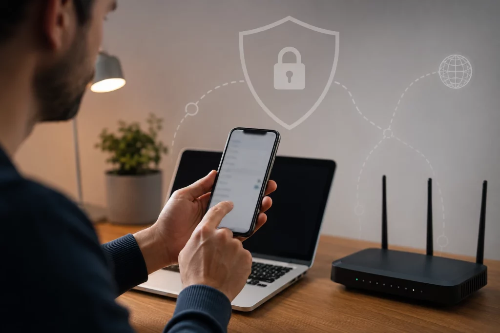 Pessoa confere configurações de VPN e DNS no celular.