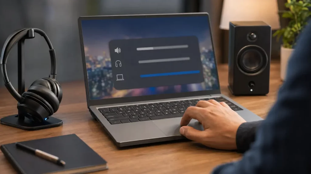 Usuário escolhendo um headset Bluetooth como saída de som em um notebook.