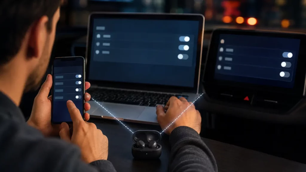 Fones Bluetooth próximos a celular, notebook e painel automotivo, representando conflito de conexão.