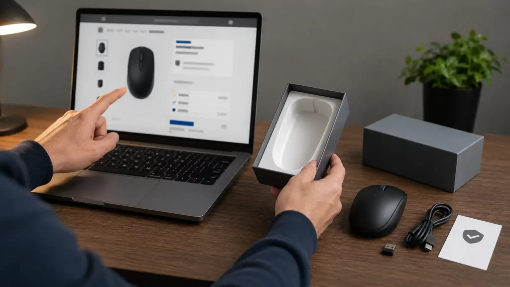 Pessoa confere vendedor, garantia e acessórios incluídos antes de comprar um mouse.