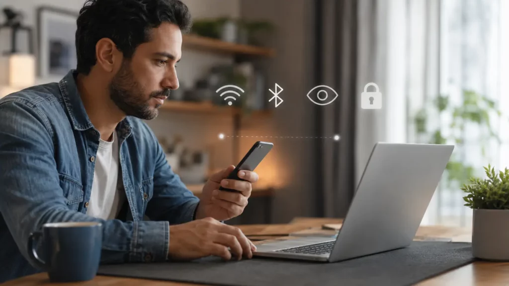 Usuário aproxima celular e notebook enquanto verifica conexões e privacidade.