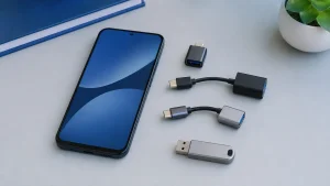 Celular Android e diferentes formatos de adaptador USB-C OTG organizados para comparação de compra.
