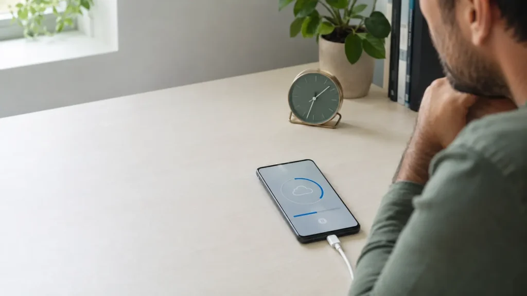 Pessoa verifica no celular um backup aparentemente parado enquanto mantém notebook e roteador disponíveis para o diagnóstico.
