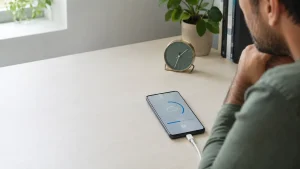 Pessoa verifica no celular um backup aparentemente parado enquanto mantém notebook e roteador disponíveis para o diagnóstico.