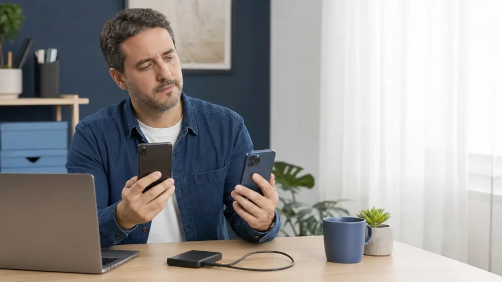 Pessoa organiza um celular antigo, um aparelho novo, um notebook e uma unidade externa antes de iniciar o backup e a transferência dos dados.