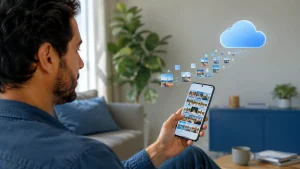 Pessoa acompanha no celular o envio de fotografias para uma cópia segura na nuvem.