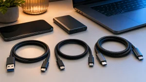 Três tipos de cabo USB ao lado de celular, notebook e SSD, representando opções para transferência de dados.