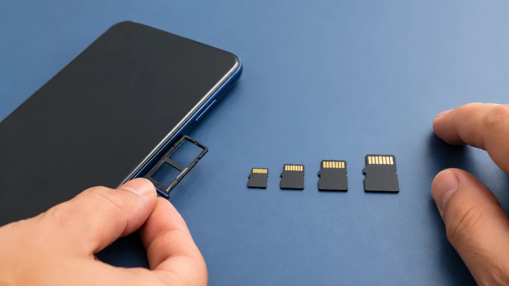 Celular Android com bandeja de cartão aberta e quatro cartões microSD organizados para comparação.