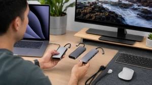 Como escolher hub USB-C. Pessoa escolhendo um hub USB-C para notebook.