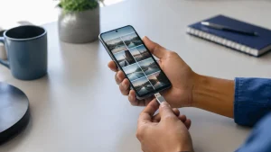 Pessoa conecta um pendrive USB-C ao celular Android para criar uma cópia local de fotos e vídeos.