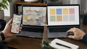 : Pessoa organiza anotações digitais espalhadas no celular e no computador.