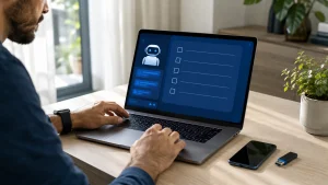 Pessoa organiza em um notebook uma checklist de backup com ajuda de IA enquanto mantém celular e armazenamento externo à mão.