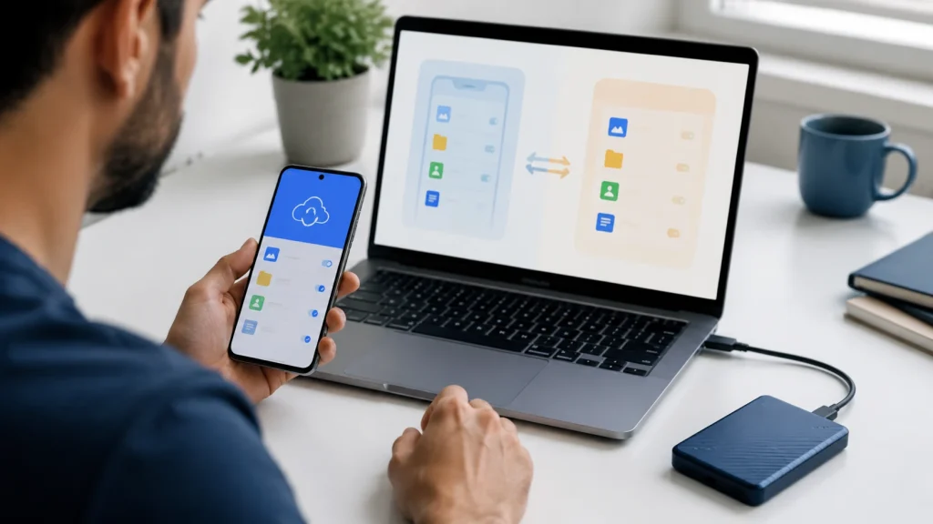 Pessoa compara informações de backup do celular em um notebook, mantendo o telefone e uma unidade externa sobre a mesa.