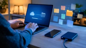 Pessoa organiza um plano de backup no notebook com celular e SSD ao lado, enquanto cartões abstratos representam sugestões de IA.