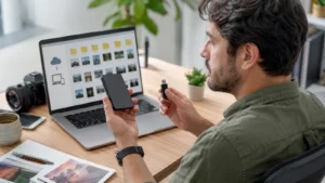 Pessoa compara SSD externo e pendrive para escolher uma mídia de backup.
