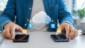 Dois celulares Android representam a conferência de contatos e compromissos antes da troca de aparelho.