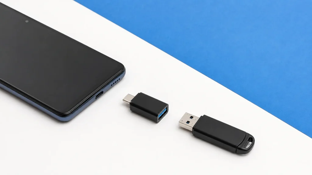 Celular, porta USB-C, adaptador OTG e pendrive aparecem separados para mostrar os pontos possíveis de falha.