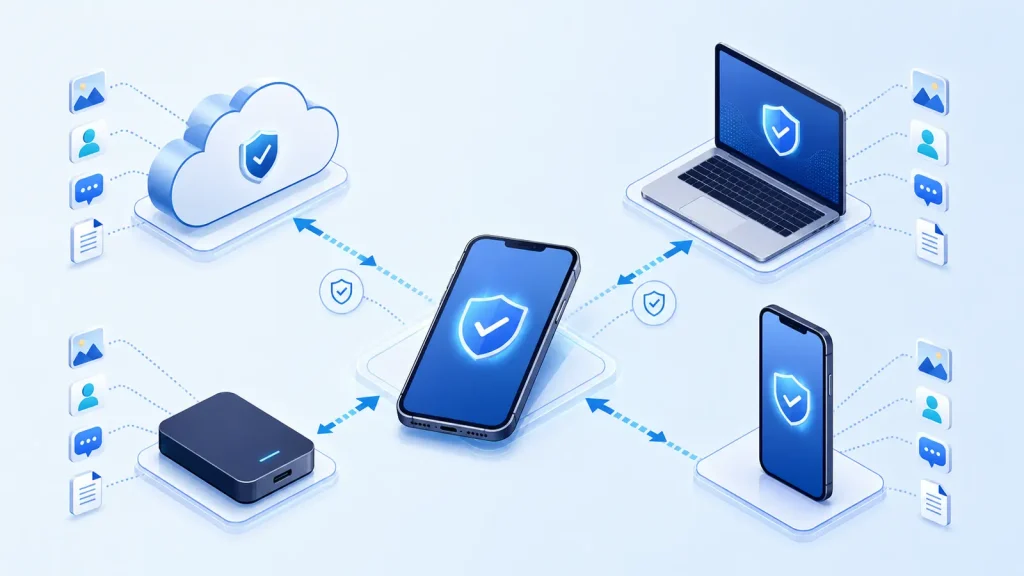 Três fluxos visuais diferenciam backup para a nuvem, sincronização entre aparelhos e transferência direta de dados.