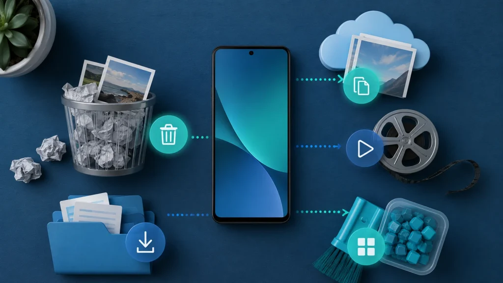 Celular aparece cercado por símbolos de lixeira, nuvem, vídeos, downloads e cache, indicando fontes diferentes de uso do armazenamento.