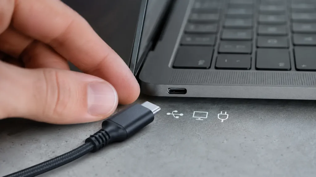 Usuário conferindo capacidades de uma porta USB-C. 