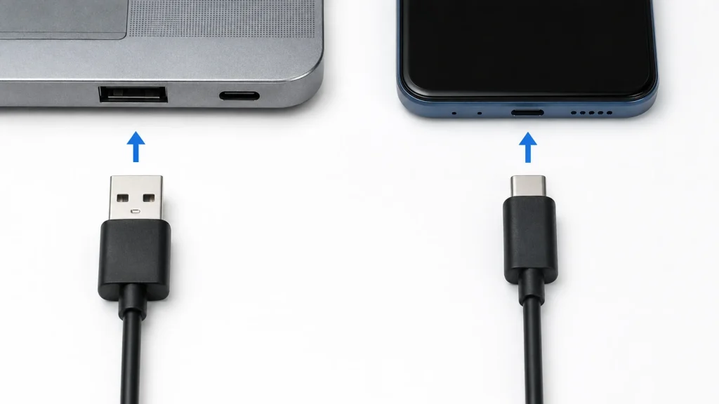 Conectores USB-A e USB-C alinhados às portas de um notebook e de um celular para mostrar compatibilidade física.