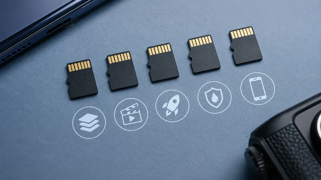 Cartões microSD aparecem ao lado de ícones que representam capacidade, vídeo, aplicativos, resistência e compatibilidade.