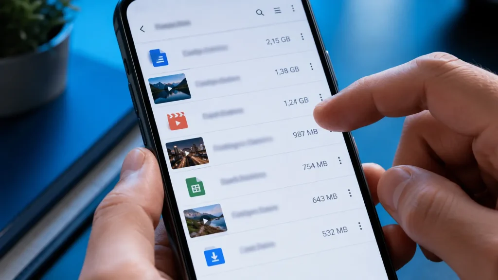 Tela genérica de gerenciador de arquivos reúne vídeos, documentos e downloads grandes enquanto o usuário revisa um item.