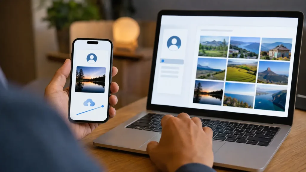 Status do backup e conta são comparados entre celular e computador.