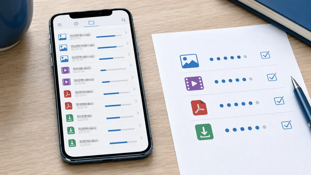 Celular exibe categorias genéricas de arquivos com nomes ocultos, ao lado de uma lista que registra apenas quantidades e tamanhos.