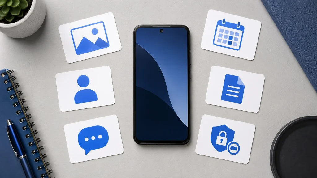 Celular cercado por ícones de fotos, contatos, calendário, mensagens, documentos e autenticação representa o inventário sem dados pessoais.