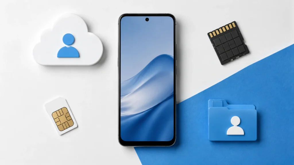 Ícones de conta na nuvem, chip, aparelho e trabalho mostram que os contatos podem ter origens diferentes. backup de contatos e calendário antes de trocar de celular