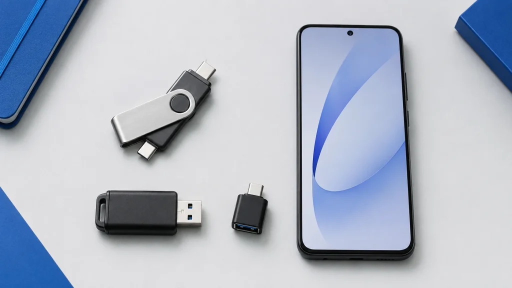 Pendrive USB-C e pendrive USB-A com adaptador OTG representam duas formas de conexão ao Android. copiar fotos do celular para pendrive