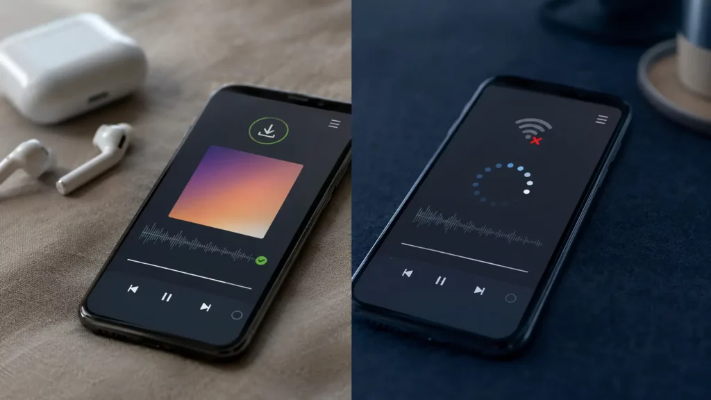 Comparação entre áudio armazenado no celular e música por streaming.