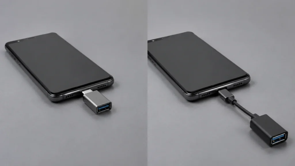 Dois celulares mostram a diferença física entre adaptador OTG rígido e modelo com cabo curto.
