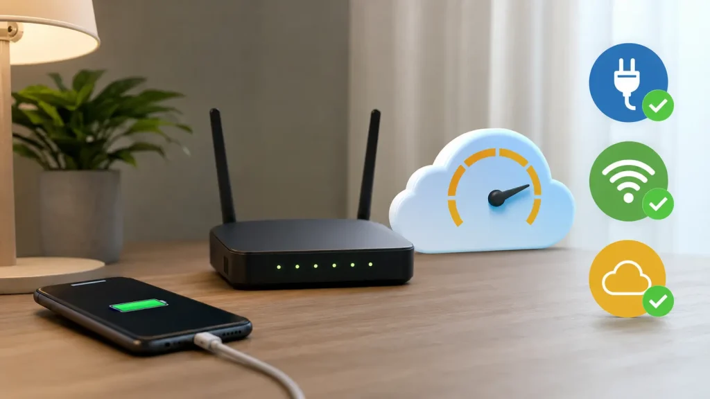 Celular permanece carregando perto do roteador enquanto o usuário testa uma conexão Wi-Fi estável.