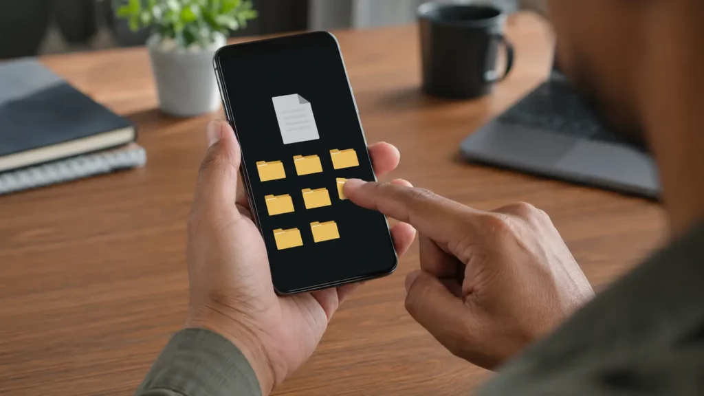 Usuário escolhendo uma pasta para salvar o PDF no celular. 