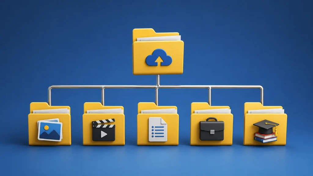 Hierarquia simples de pastas divide o backup em fotos, vídeos, documentos, trabalho e estudos.