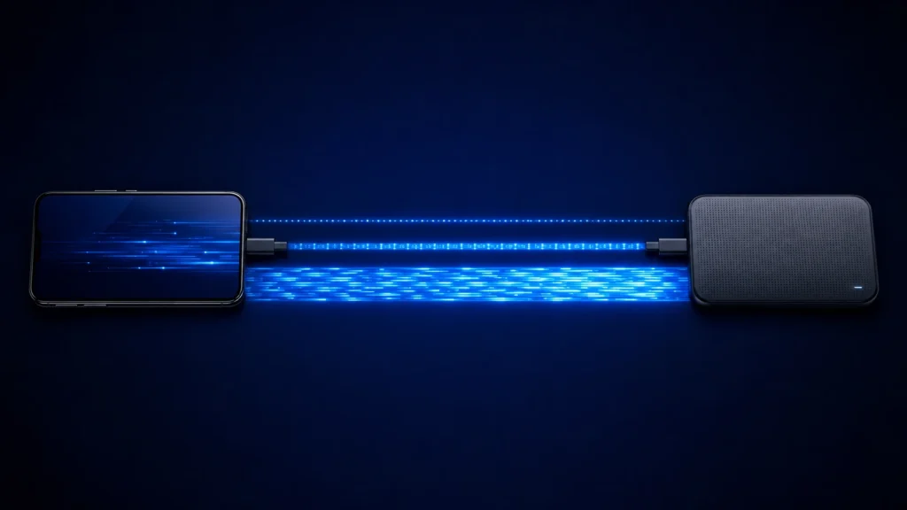 Três fluxos de dados com larguras diferentes entre celular e SSD, mostrando que o componente mais lento limita a transferência.