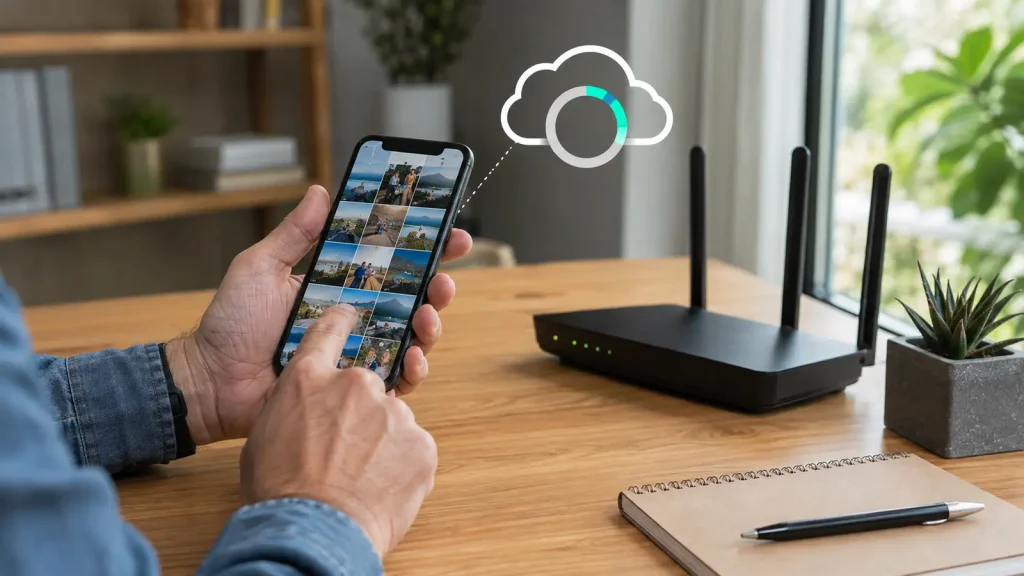 Pessoa confere Wi-Fi e espaço disponível para o backup de fotos.