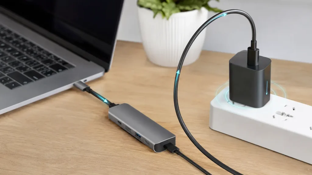Hub USB-C ligado a carregador e notebook. 