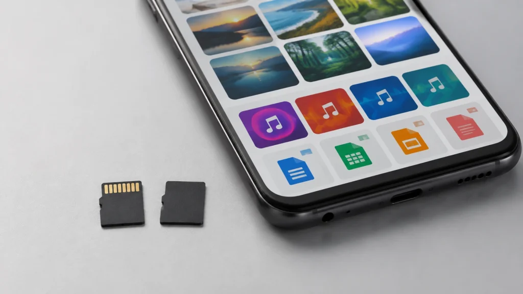Dois cartões microSD de uso cotidiano aparecem próximos a fotos, músicas e documentos no celular.