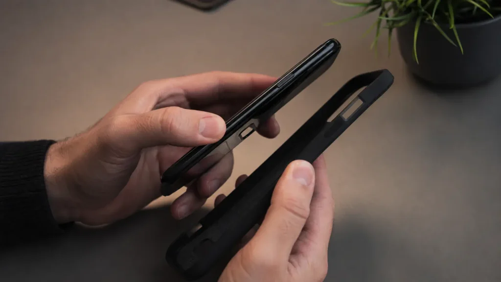 Pessoa retirando a capa e verificando o botão lateral do celular