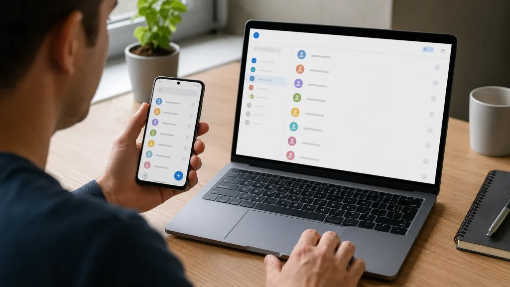 Pessoa compara contatos no celular e no navegador para confirmar que os registros estão disponíveis na conta. backup de contatos e calendário antes de trocar de celular