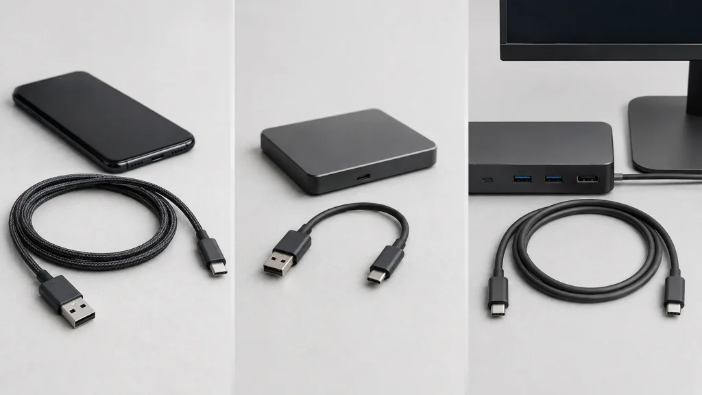 cabo USB-C para transferência de dados. Três cabos sem marca organizados por uso: celular, SSD externo e dock com monitor.