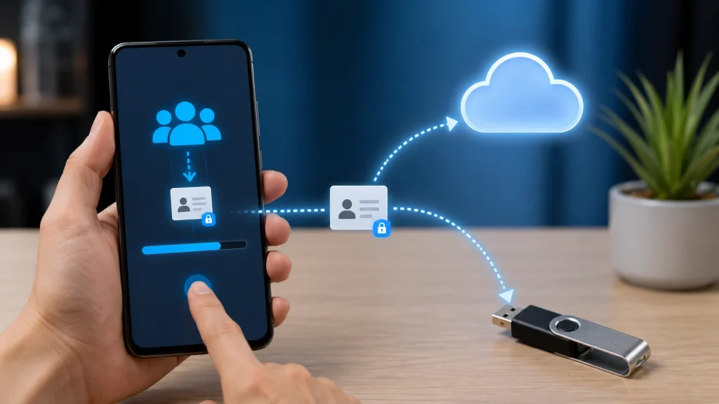 Arquivo de contatos é exportado do celular e guardado em dois destinos protegidos.