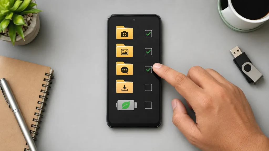 Pastas de câmera e capturas são selecionadas para backup no celular.