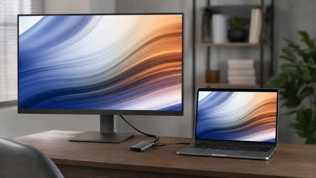 Notebook e monitor conectados por hub USB-C. 