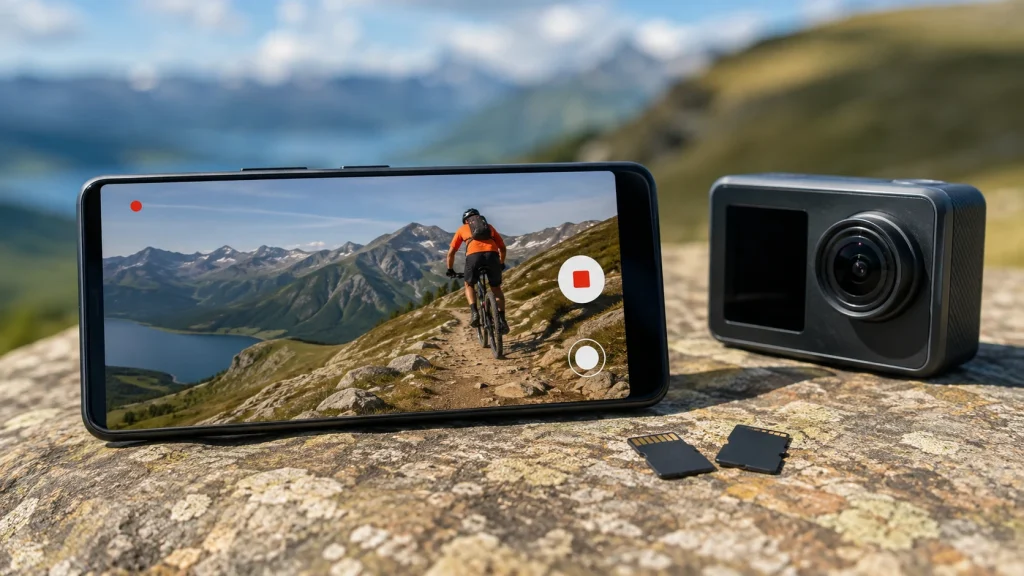 Cartões microSD de maior desempenho aparecem com celular e câmera de ação em cenário de gravação de vídeo.