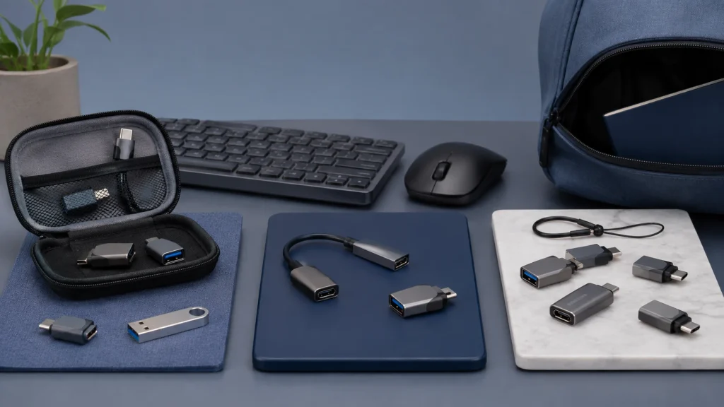 Adaptadores OTG aparecem em cenários de mobilidade, uso em mesa e conexão de periféricos.